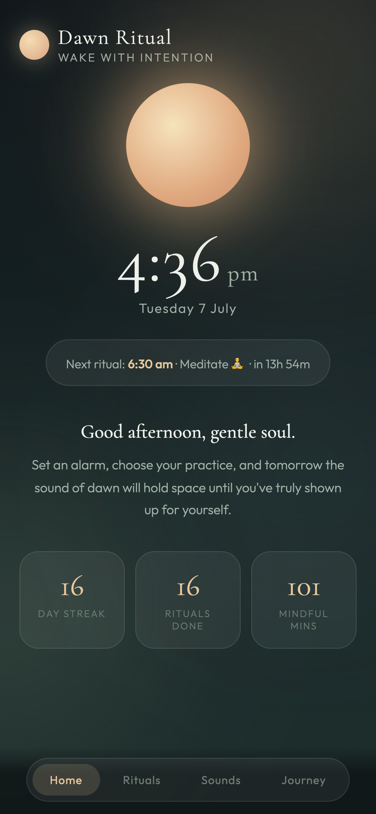 Dawn Ritual home screen with glowing sun and streak